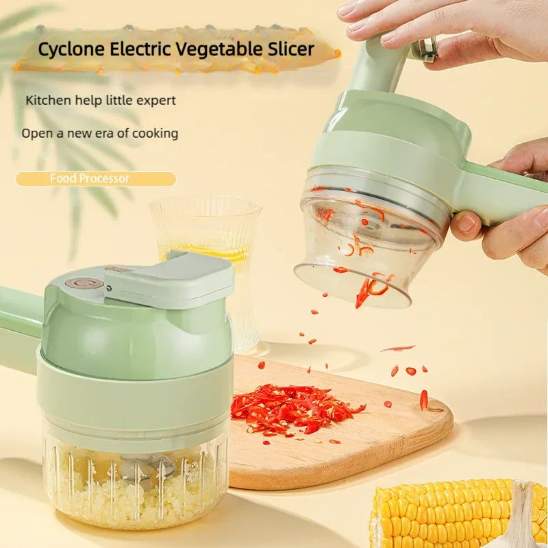 4-in-1 Wireless Electric Vegetable Cutter and Food Processor - Handheld Garlic Masher, Chopper, and Meat Grinder with Peeling and Slicing Functions